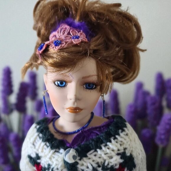 Elegant Porcelain Doll in Purple Dress & Matching Sweater Set - Picture 7 of 16
